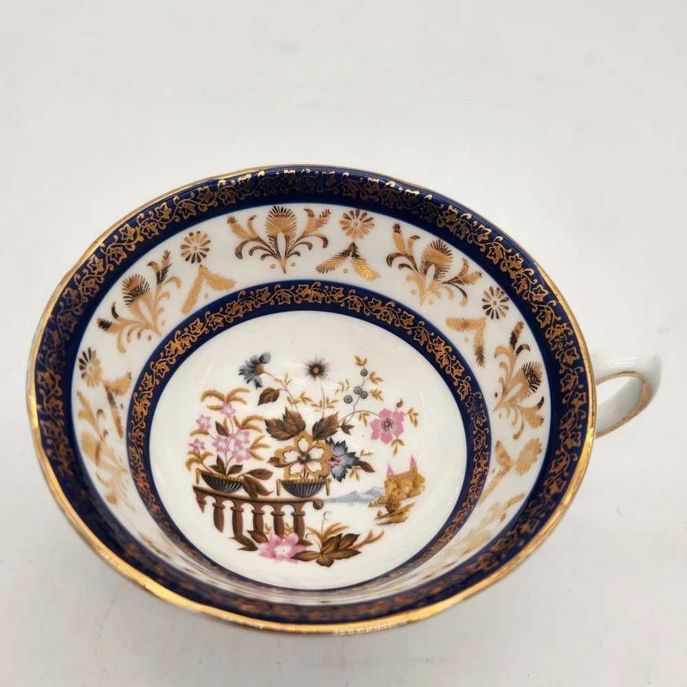 Royal Grafton Rare Fine Bone China 1840 Tea Cup Saucer Cobalt Blue Gilded Floral